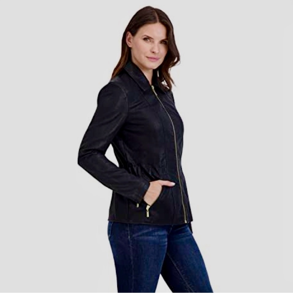 Baccini Black Faux Leather Jacket with Gold Accents